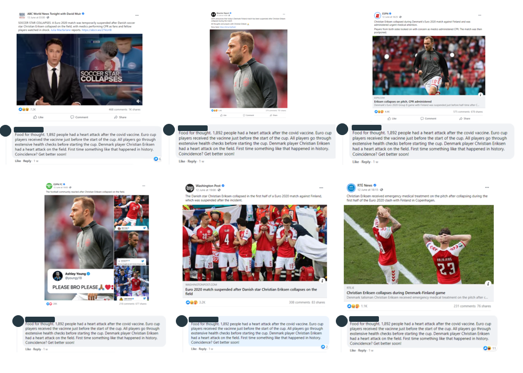 Figure 12: One of a group of likely real Facebook users copying and pasting disinformation about Eriksen in the comment section of football and media pages