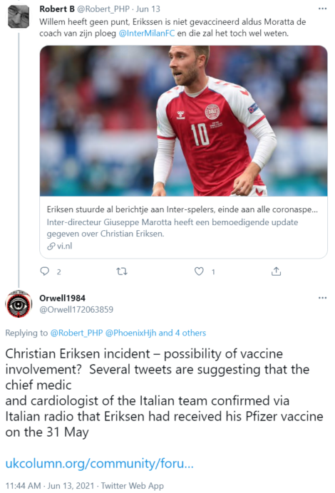 Figure 3: An inauthentic troll account sharing disinformation about Eriksen’s collapse from a right-wing conspiracy theory website called The UK Column.