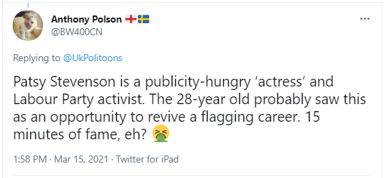 Accusation on Twitter against Patsy Stevenson's authenticity.